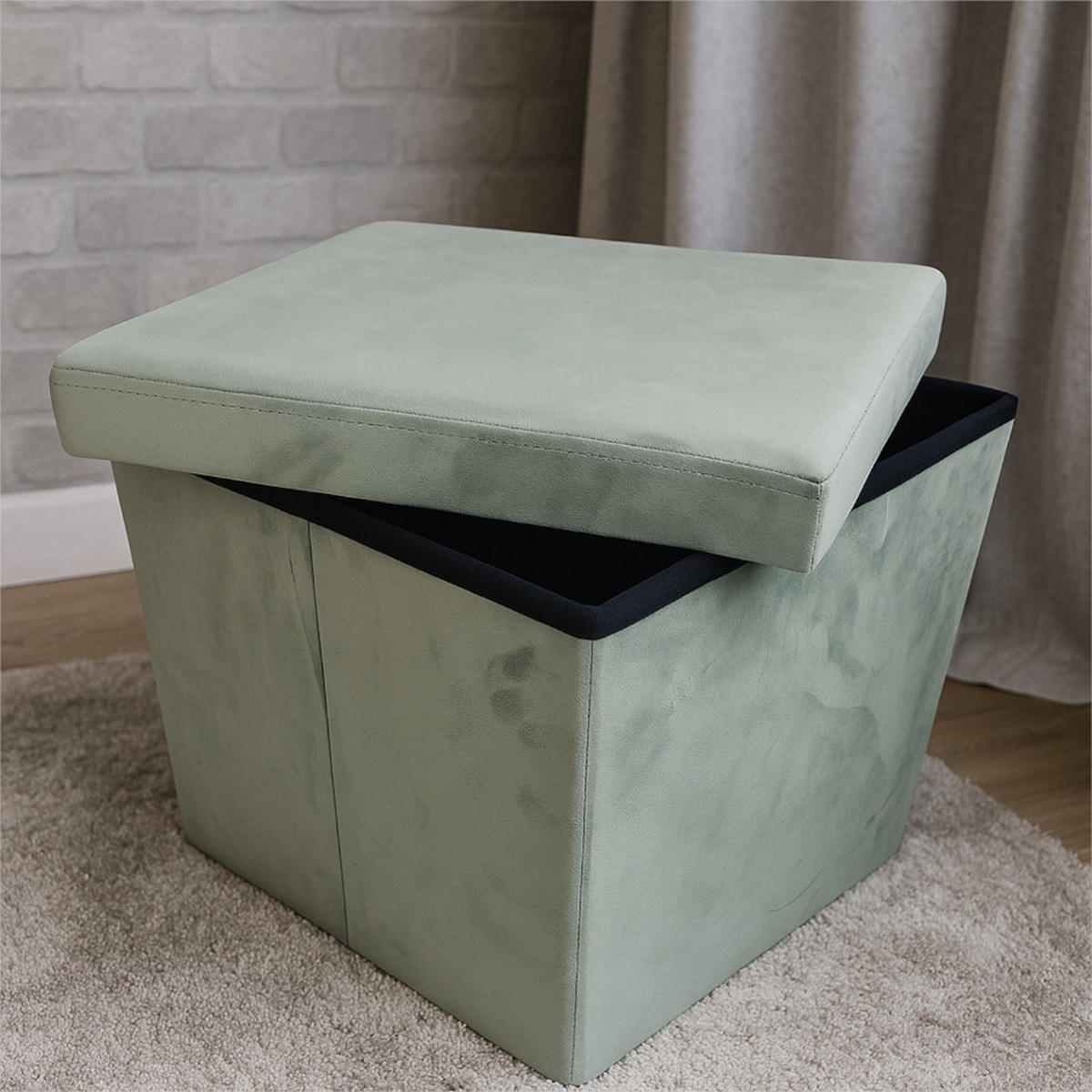 PUFF Samt Hellgrau mit Stauraum faltbar 37x38x38 cm - Hellgrau, Textil (38/37/38cm) - Begryf