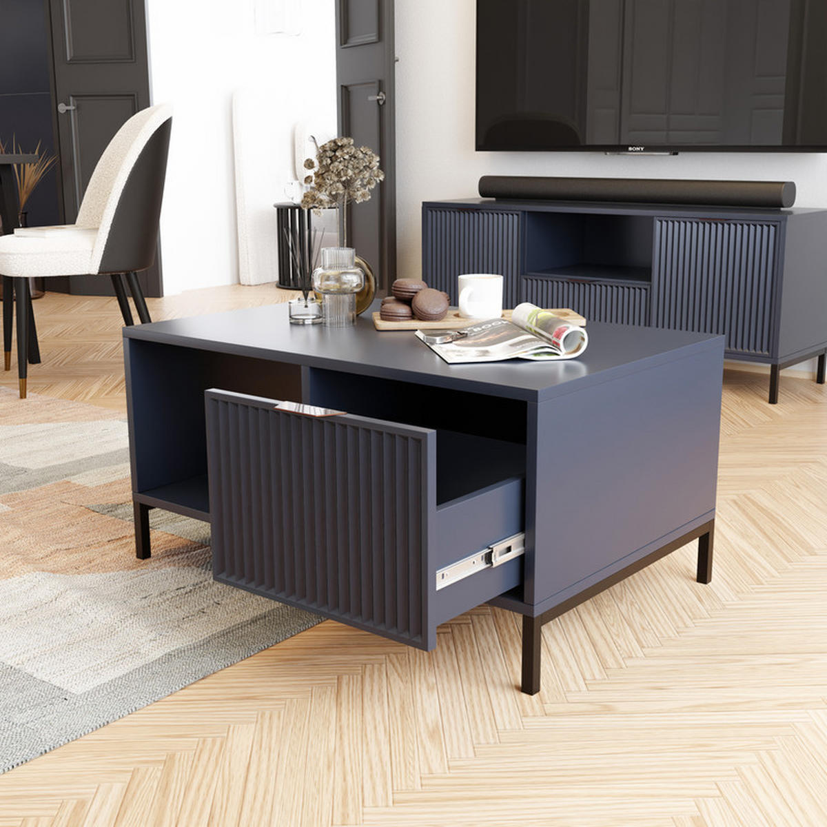 COUCHTISCH WAVE Modern mit Schublade, Blau - Schwarz/Dunkelblau, Holzwerkstoff/Metall (58/90/45.5cm) - Idohome
