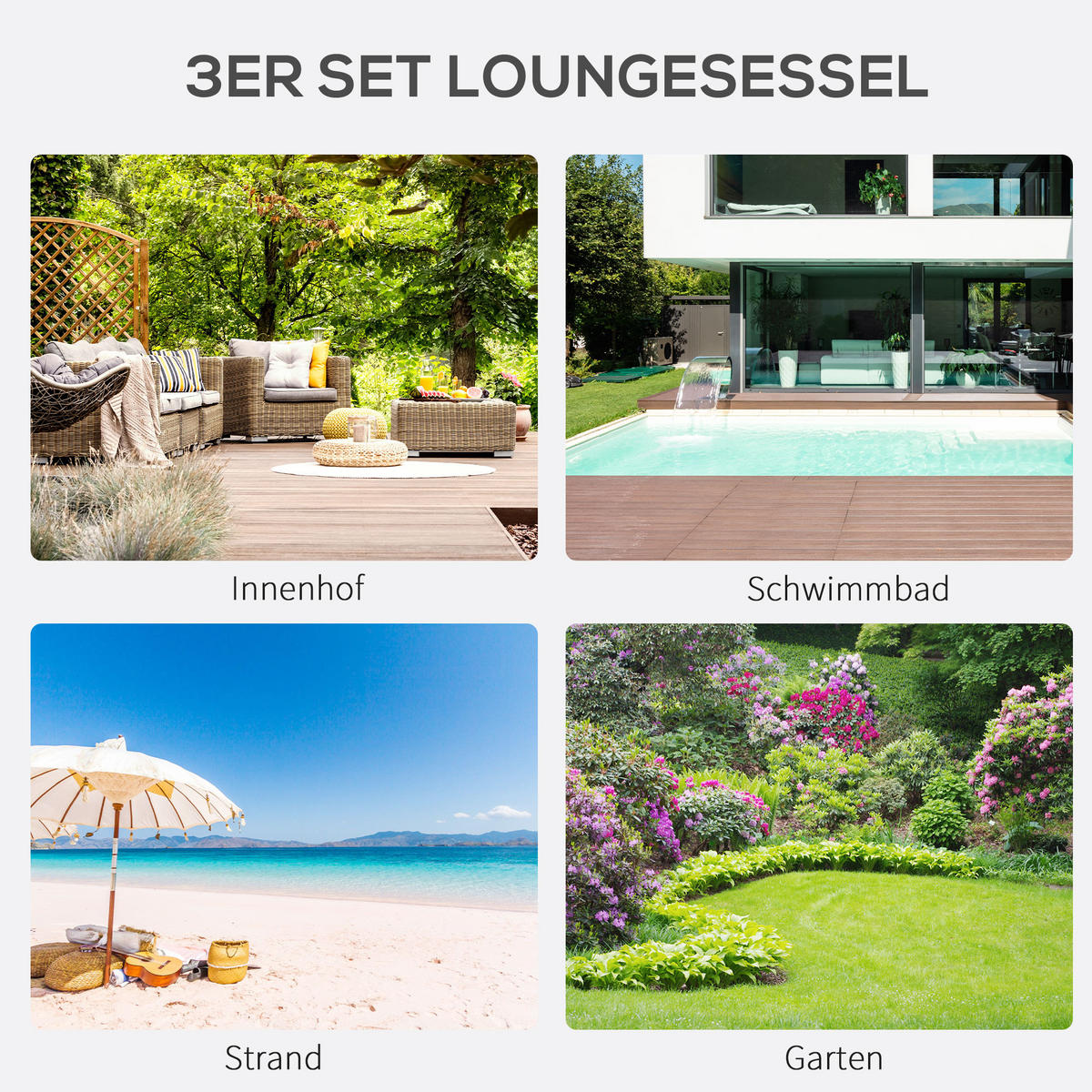 GARTENLIEGE mit Tisch, 59L x 169B x 66H cm, Metall, Mesh, Schwarz - Schwarz, Kunststoff (169/66/59cm) - Outsunny