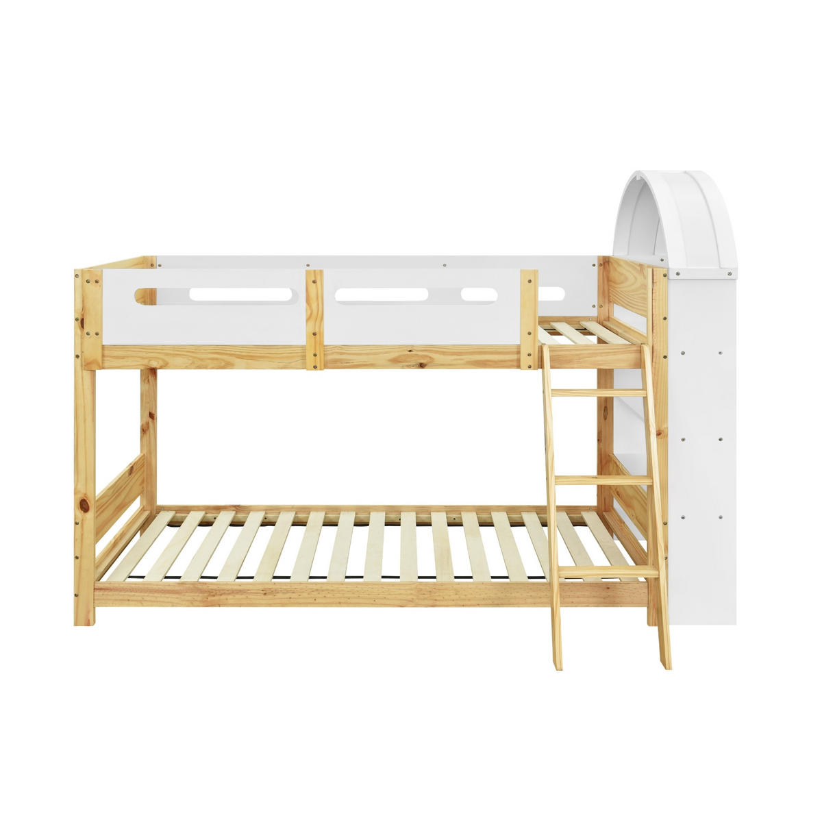 ETAGENBETT 90/200 cm Weiß+Natur mit dreistufigem Regal und sicherem Bettgitter aus Kiefer und MDF - Naturfarben, Holzwerkstoff (90/200cm) - OKWISH