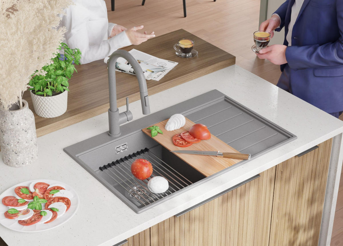 SPÜLBECKEN Sydney, 2-er set Grau 78/50 cm 1 Becken + Ablauf-Set + Küchenzubehörset ab 45er Unterschrank - Chromfarben/Beige, Kunststoff (78/20/50cm) - Primagran