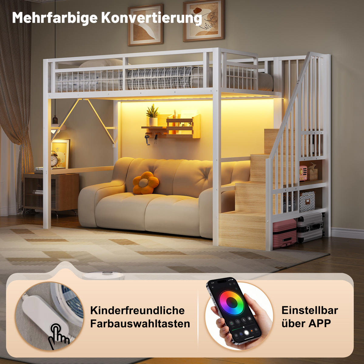 HOCHBETT 90/200 cm Weiß mit LED und Stauraum ohne Matratze - Weiß, Metall (90/200cm) - MIVRAY