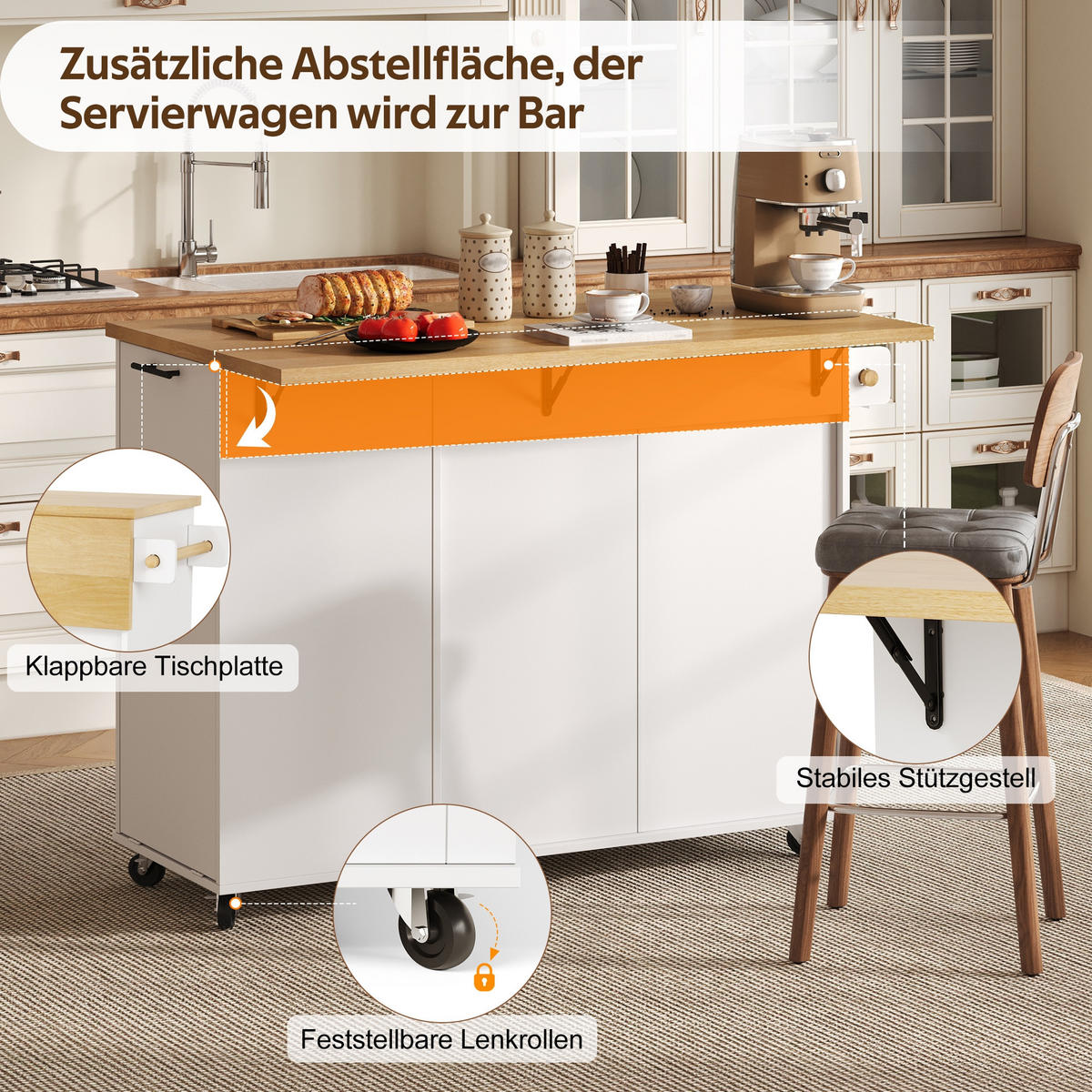 KÜCHENINSEL auf Rollen 130/45/93.3 cm Weiß mit klappbarer Arbeitsplatte, 1 Schublade und Mülleimerschrank - Weiß, Holz/Holzwerkstoff (70/93/130cm) - Oxeza