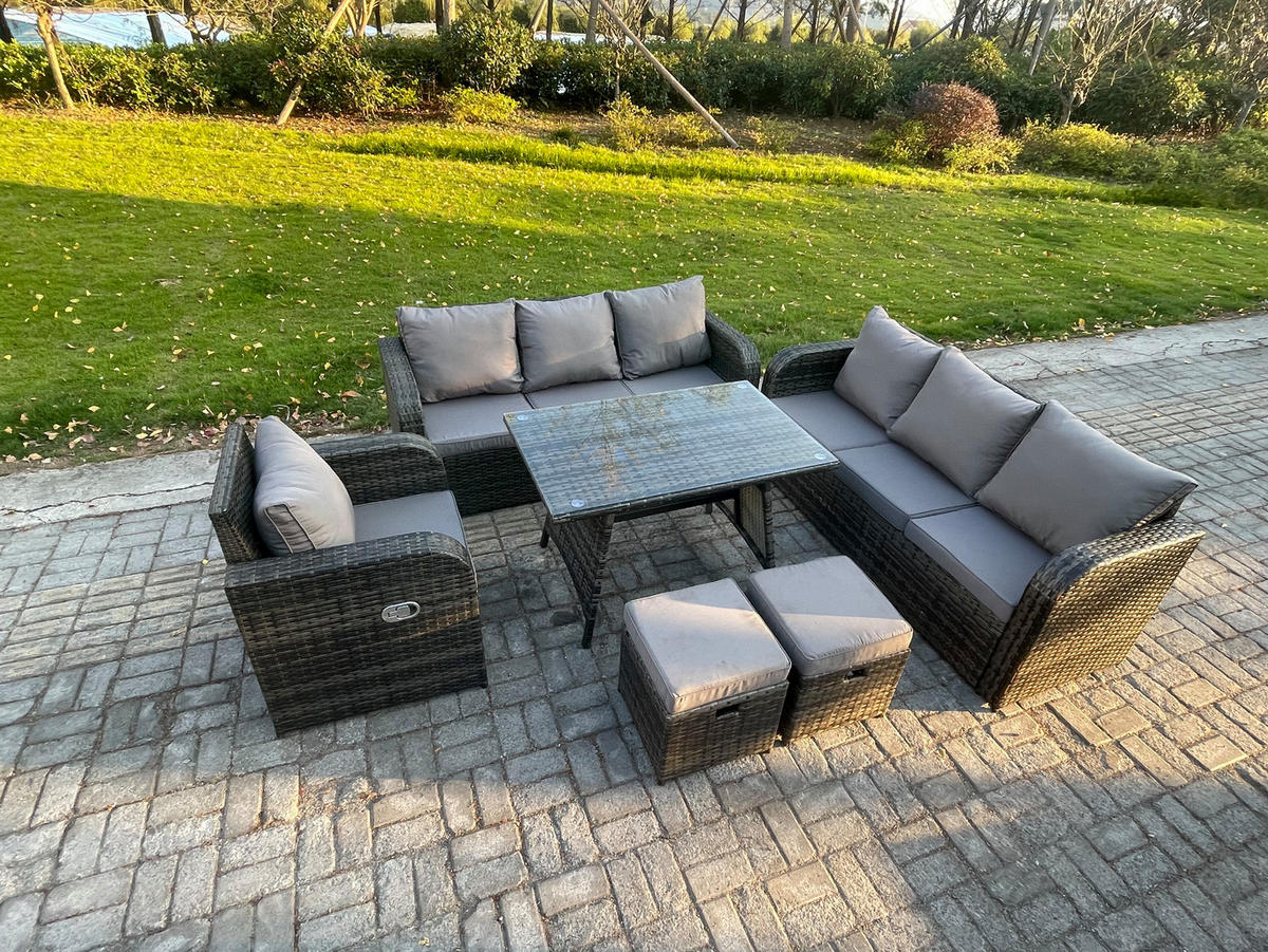 GARTENSET Hohe Rückenlehne Polyrattan 9-Sitzer - Dunkelgrau/Grau, Glas/Kunststoff - Fimous