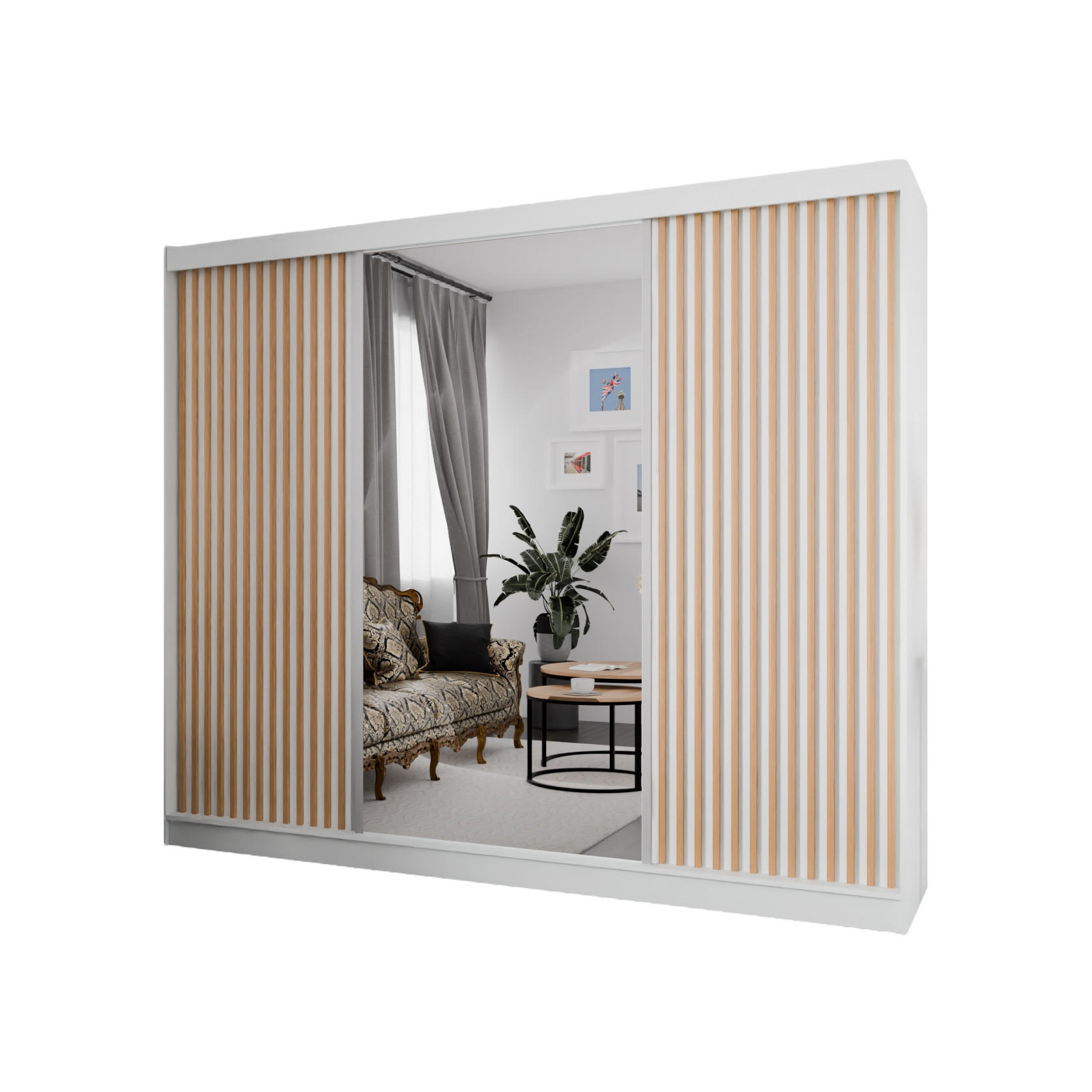 SCHWEBETÜRENSCHRANK Lili 250 cm mit Lamellen und Spiegel 3-türig, weiß, Lamelle wotan - Eiche Wotan/Weiß, Kunststoff (250/215/61cm) - Margaret Hadas24