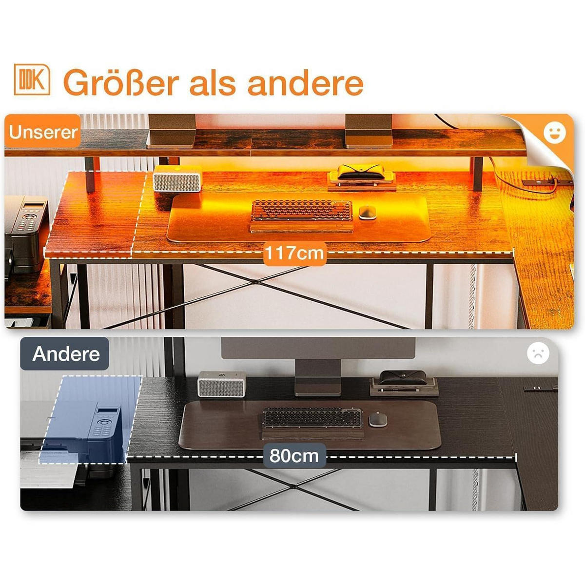 ECKSCHREIBTISCH L Form mit LED und Steckdosenleiste Vintage-Braun 189.3 x 100 cm - Braun, Holzwerkstoff (100/189.3/88.7cm)