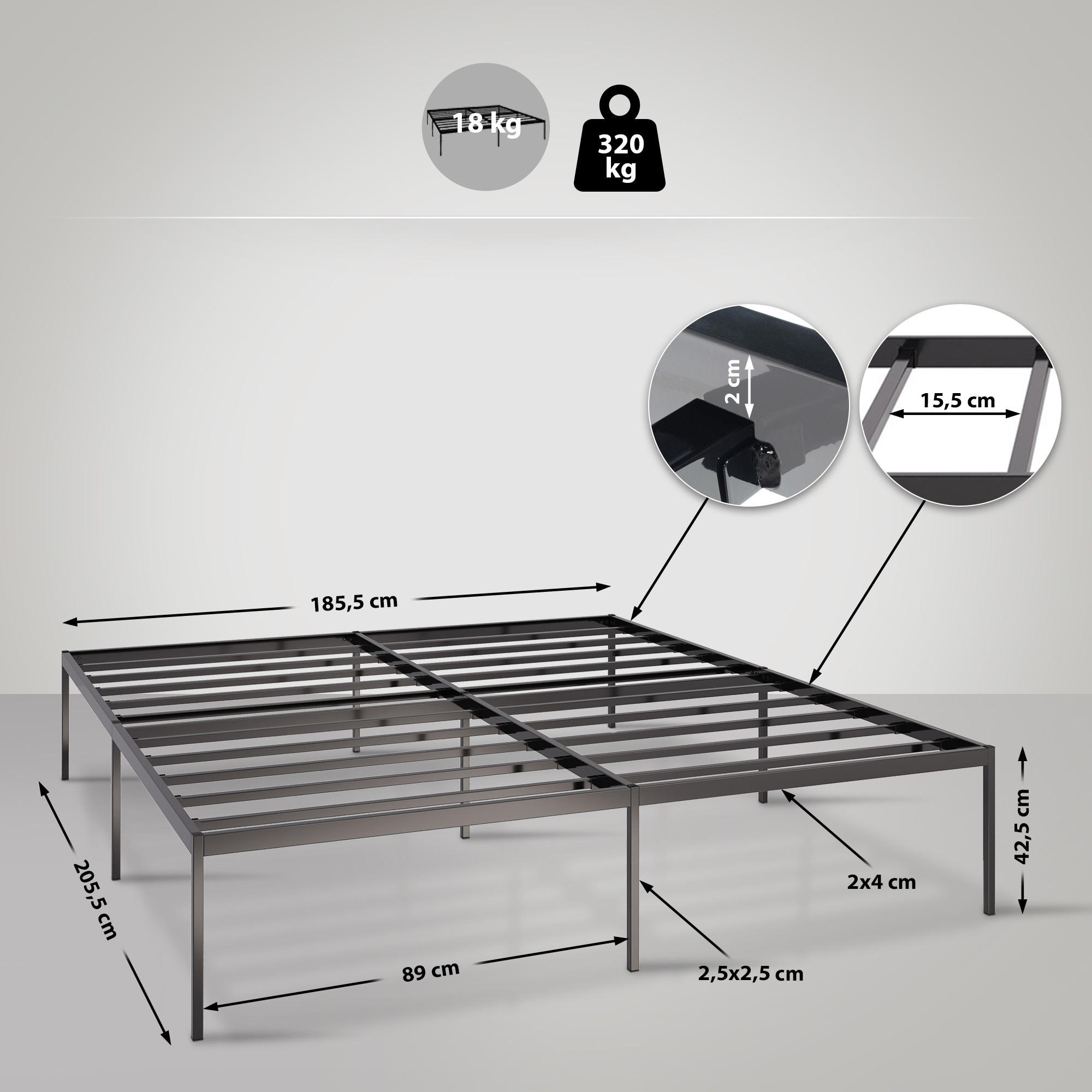 METALLBETT 185.5/205.5/42.5 cm Metall Schwarz - Schwarz, Metall (185.5/205.5cm) - CLP