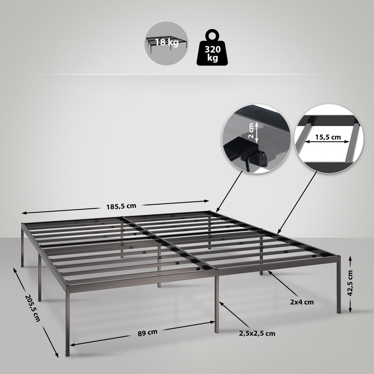 METALLBETT 185.5/205.5/42.5 cm Metall Schwarz - Schwarz, Metall (185.5/205.5cm) - CLP