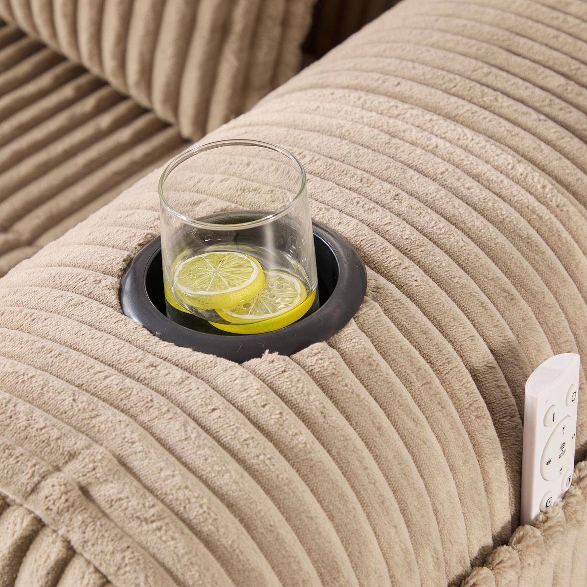 ECKSOFA Cord Khaki Mit Becherhaltern, Seitentaschen Und mit Kissen - Hellbraun, Textil (253/158cm) - WISHDOR