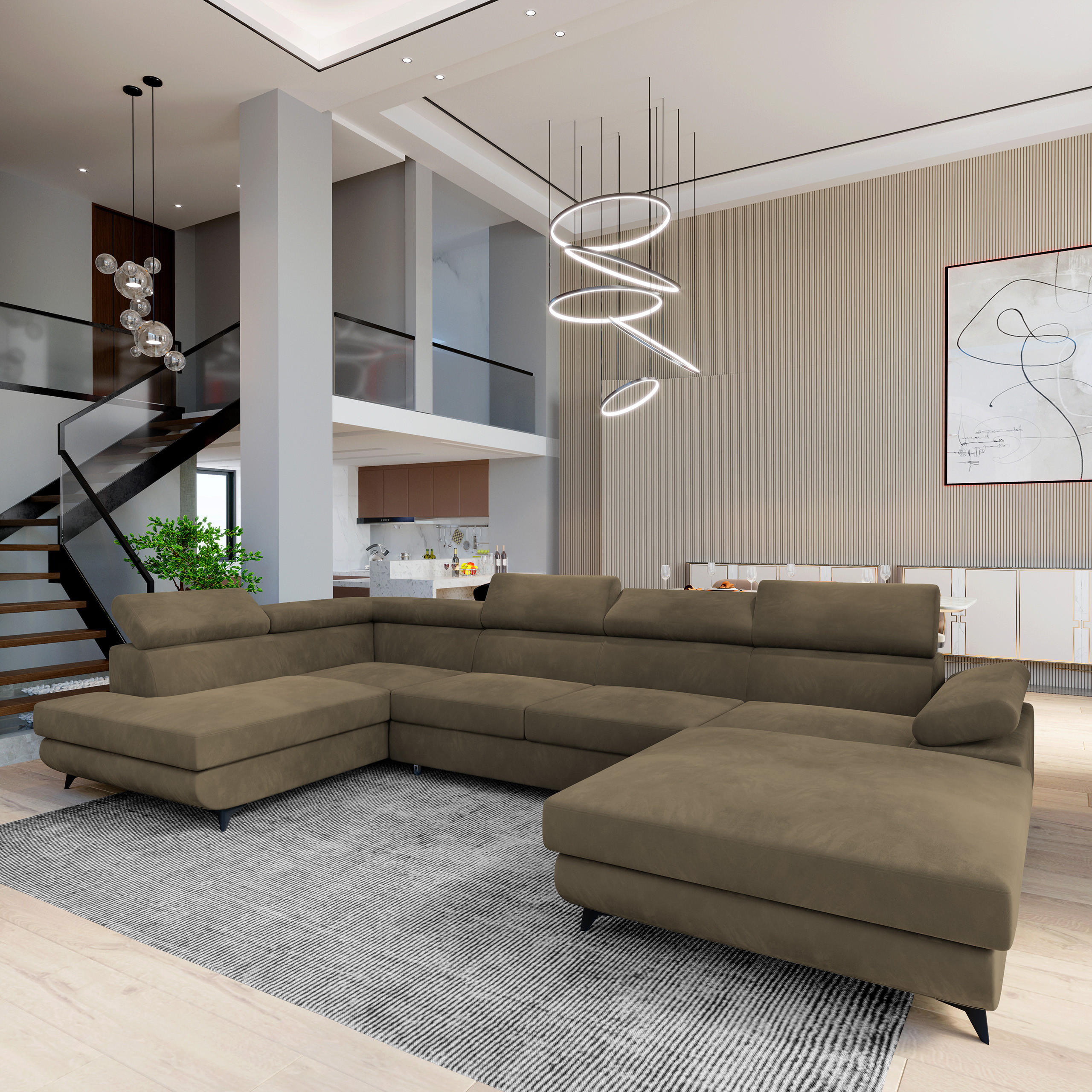 WOHNLANDSCHAFT RUBANO L-S Beige Velours-Stoff mit Schlaffunktion - Beige, Holz (339/89/190cm) - MASSENO