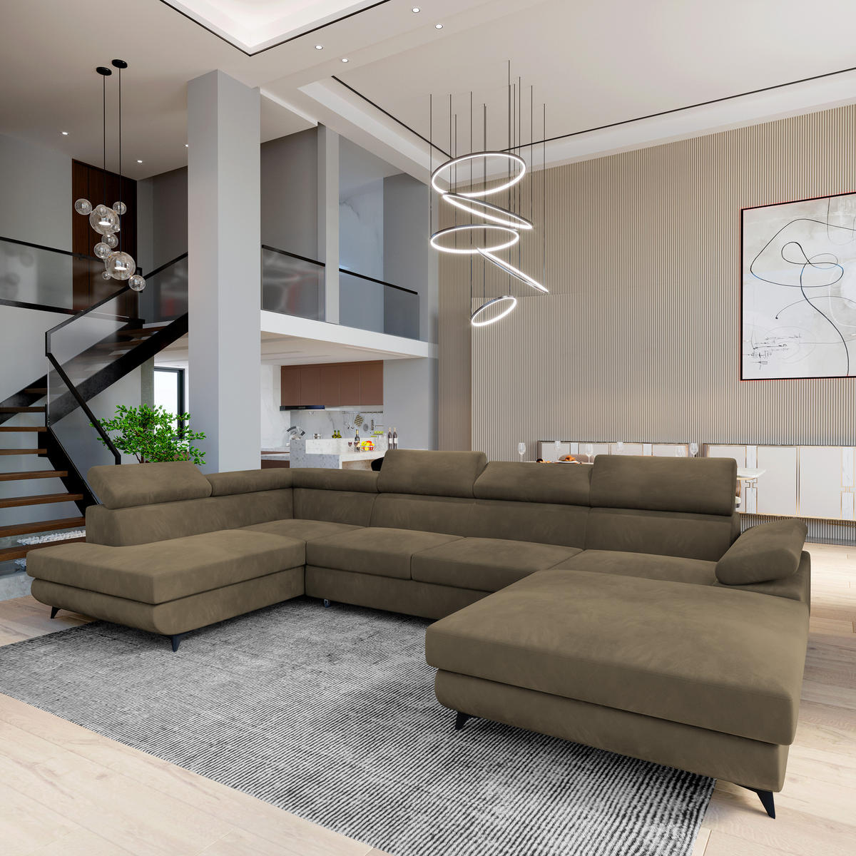WOHNLANDSCHAFT RUBANO L-S Beige Velours-Stoff mit Schlaffunktion - Beige, Holz (339/89/190cm) - MASSENO