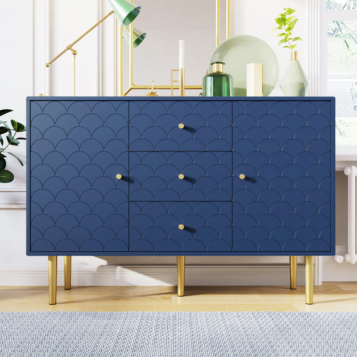 SIDEBOARD 2 Türen und 3 Schubladen, Verstellbare Ablage Blau 120/40/82CM - Blau, Holzwerkstoff/Metall (40/82/120cm) - Urban Meuble
