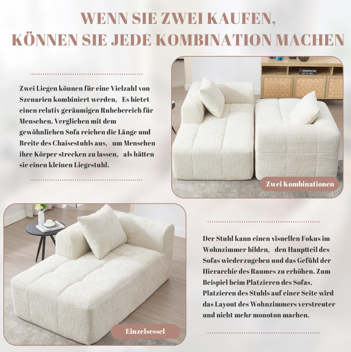 CHAISELONGUE Sofa Chenille mit Kissen und Seitentaschen 158/90/60 cm Beige - Beige, Textil (60/158/90cm) - Redom