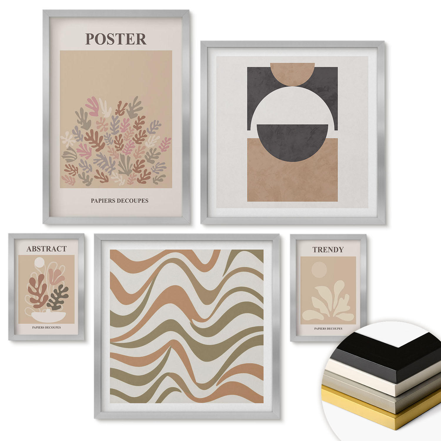 WANDBILDER 5er Set - 50x50 cm & 20x30 cm & 40x60 cm Silberner Rahmen - Abstrakte Formenmuster - Silberfarben, Kunststoff (40/60cm) - ArtPrintCave