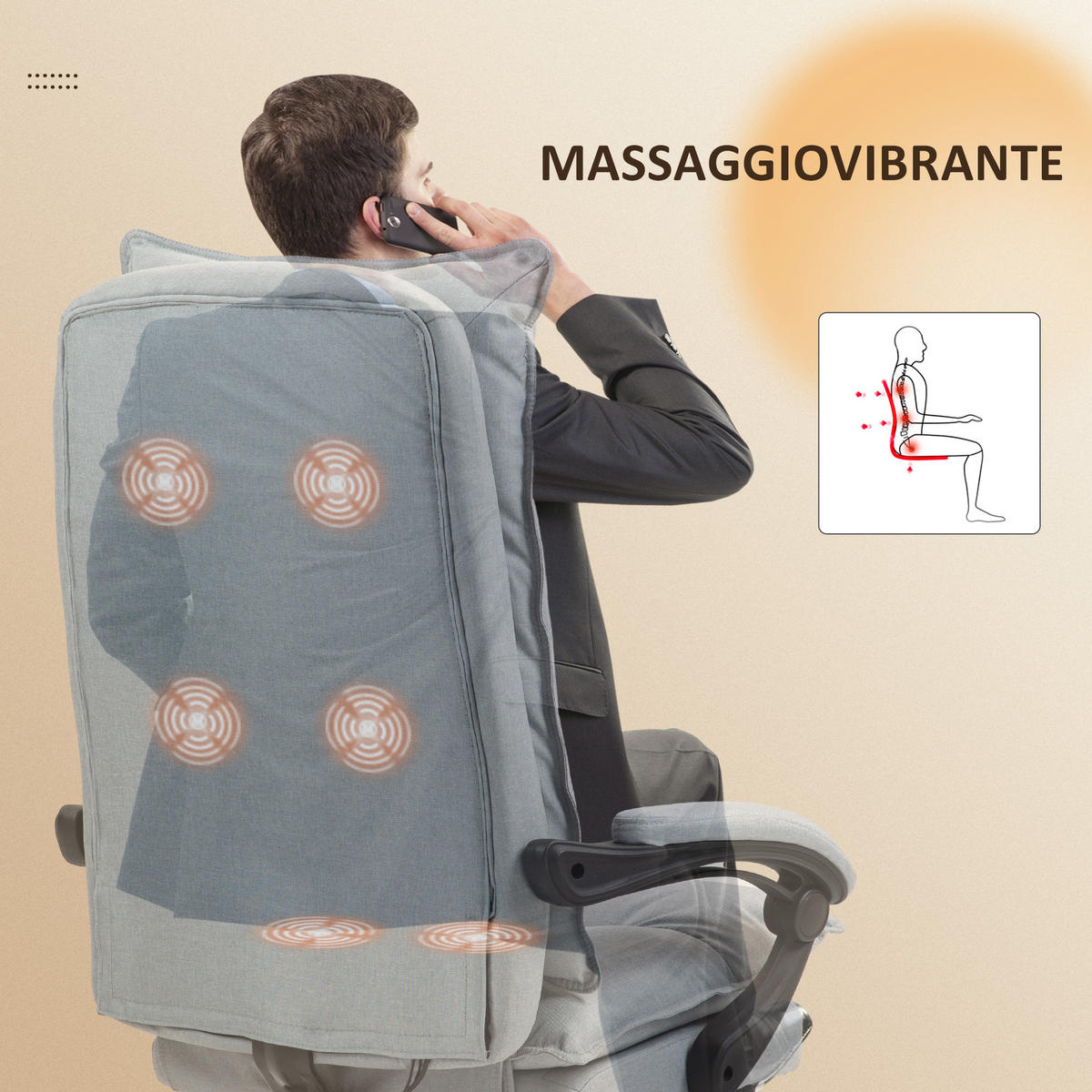 ERGONOMISCH Bürostuhl mit Massagefunktion, Computerstuhl mit Liegefunktion - Hellgrau, Kunststoff (62/130/70cm) - Vinsetto