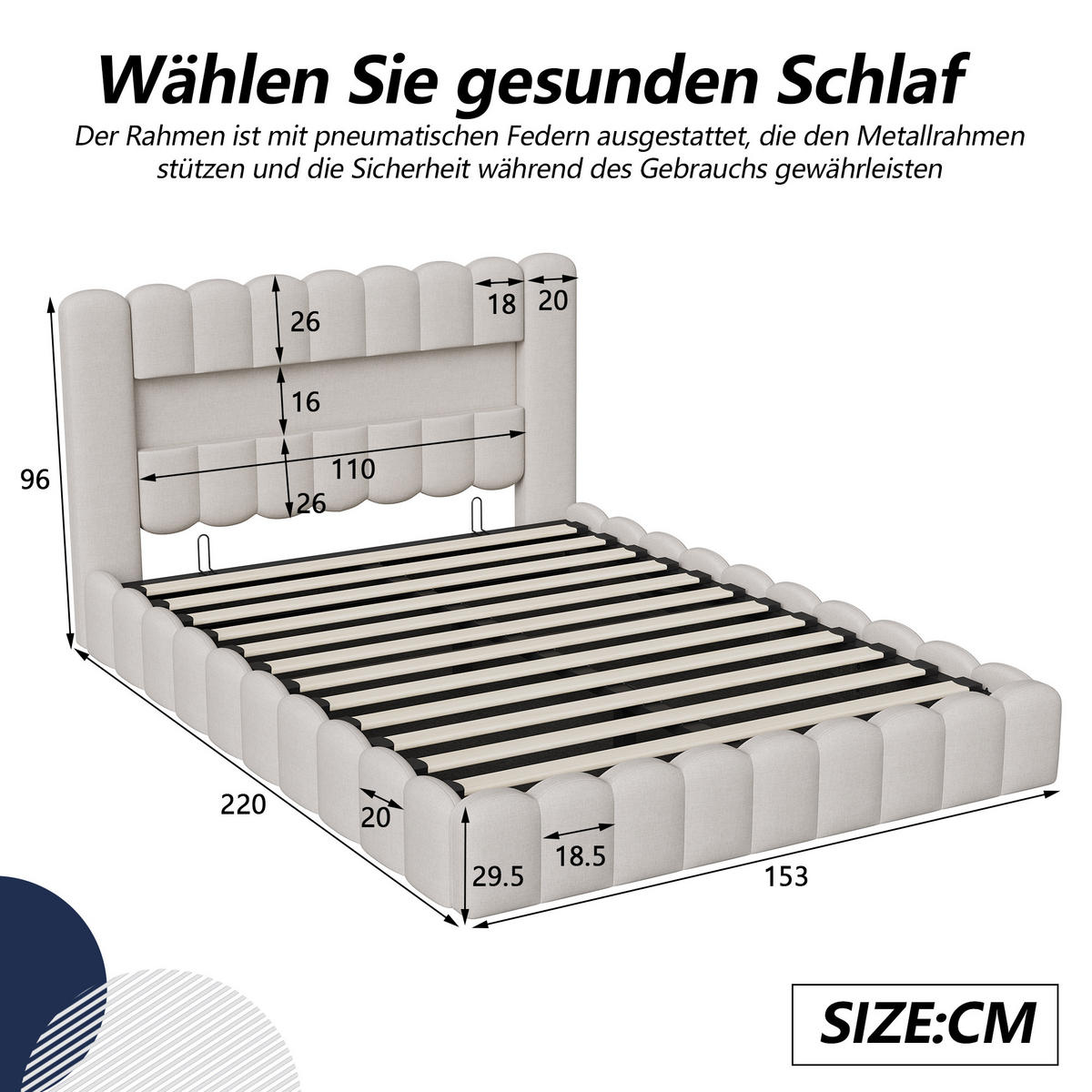 STAURAUMBETT 140x200 cm Doppelbett, mit USB-Anschluss und LED-Beleuchtung, Leinenstoff in Beige - Beige, Holz (140/200cm) - BRILVERDE