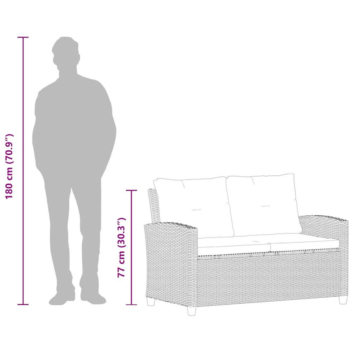 LOUNGESOFA mit Kissen, 2-Sitzer, 124/68/77 cm, aus Poly Rattan, Schwarz - Schwarz, Naturmaterialien/Textil (68/77/124cm) - vidaXL