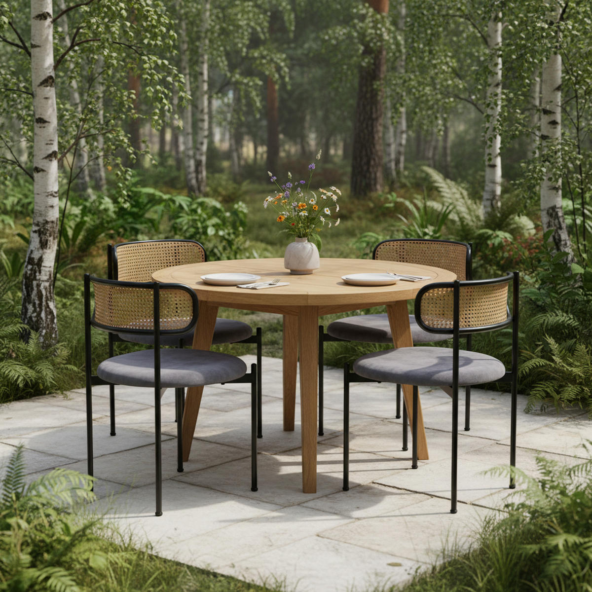 ESSZIMMERSTUHL 2er-Set Samt, Rattan-Rückenlehne, Metallbeine, Modern, Ergonomisch, Grau - Grau, Naturmaterialien/Textil (51/75/55cm) - Urban Meuble