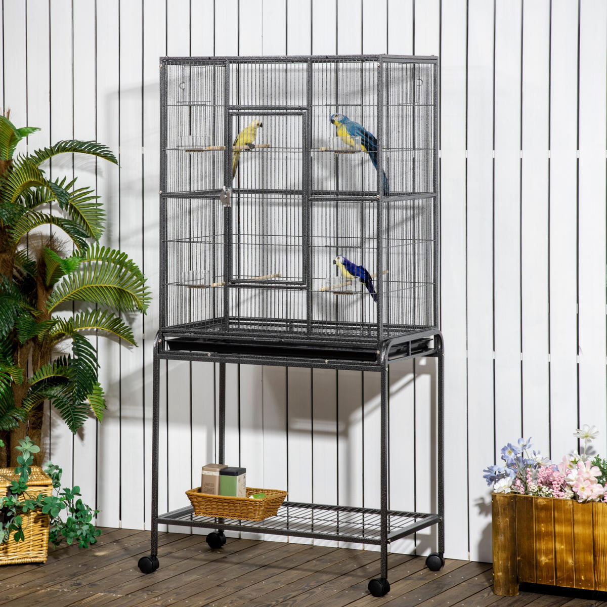 VOGELKÄFIG DE-17802 4 Sitzstangen & 4 Näpfe auf Rollen Schwarz/Grau - Grau, Metall (47/163/77cm) - ComfortXL