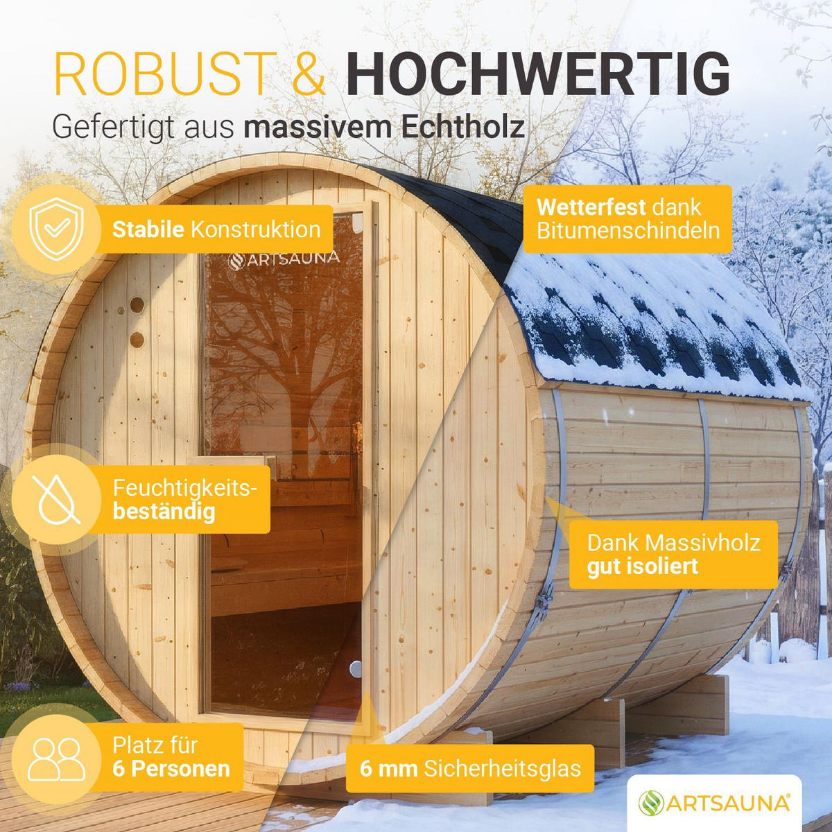 FASSSAUNA Spitzbergen 220 cm mit 8 kW Saunaofen (6 Personen) - Naturfarben, Holz (191/193/220cm) - Artsauna