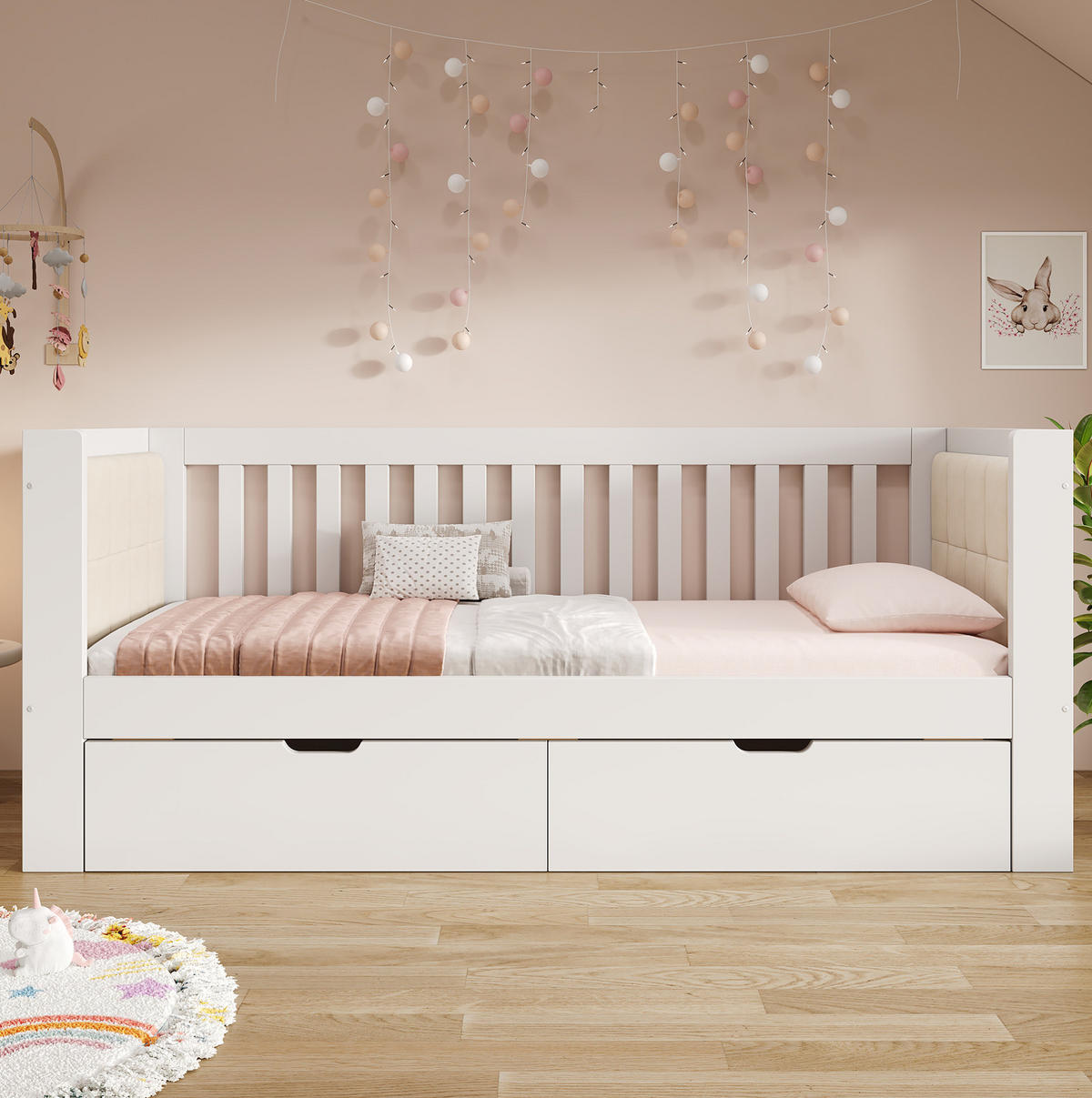 JEDNOLÔŽKOVÁ posteľ 90/190 cm biela s 2 zásuvkami z borovicového dreva s čalúnenou opierkou - biela, textil (90/190cm) - OKWISH