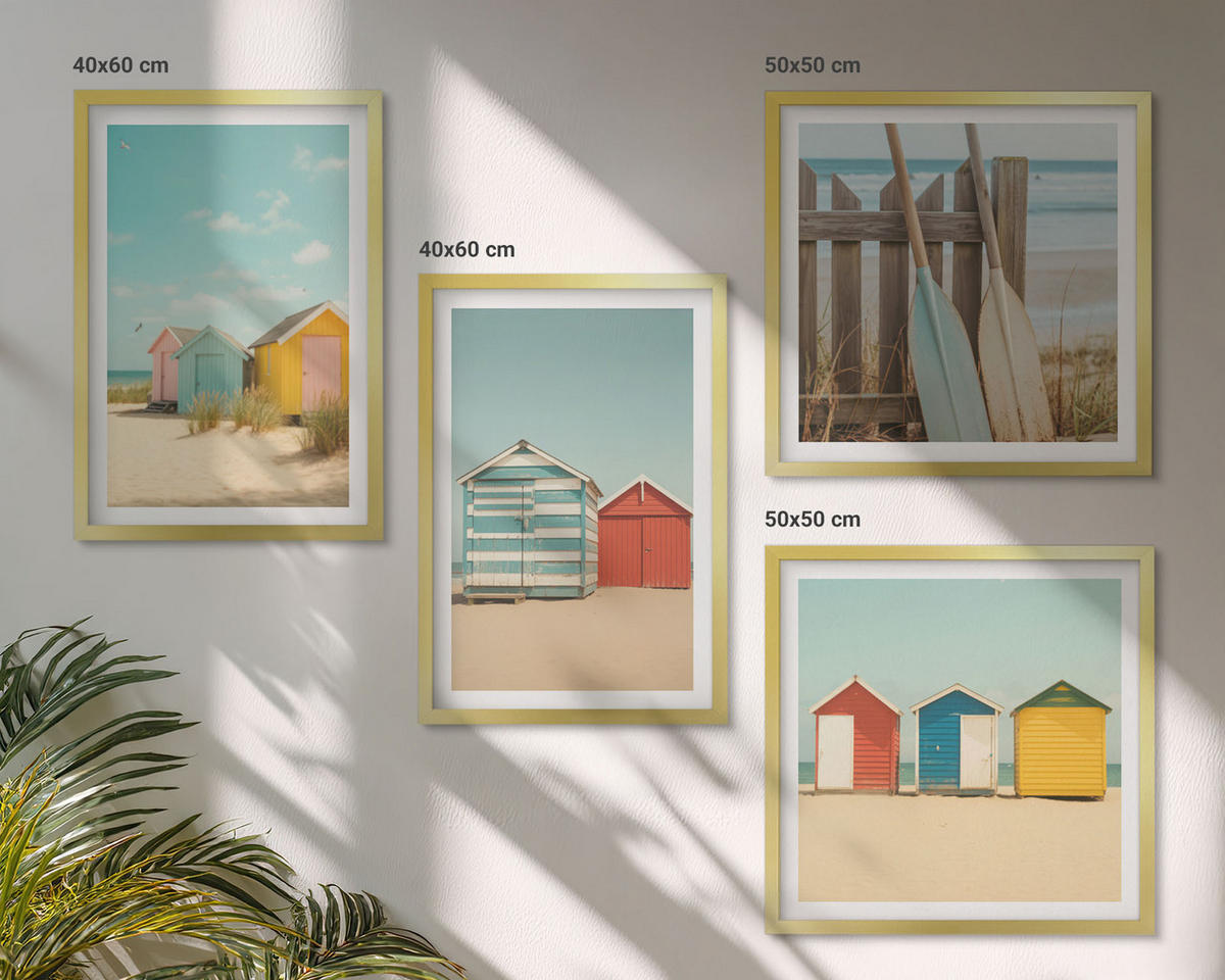 BILDER SET 4er Set - 50x50 cm & 40x60 cm Goldrahmen - Bunte Häuser, Strand, Sonne - Goldfarben, Kunststoff (50/50cm) - TULUP