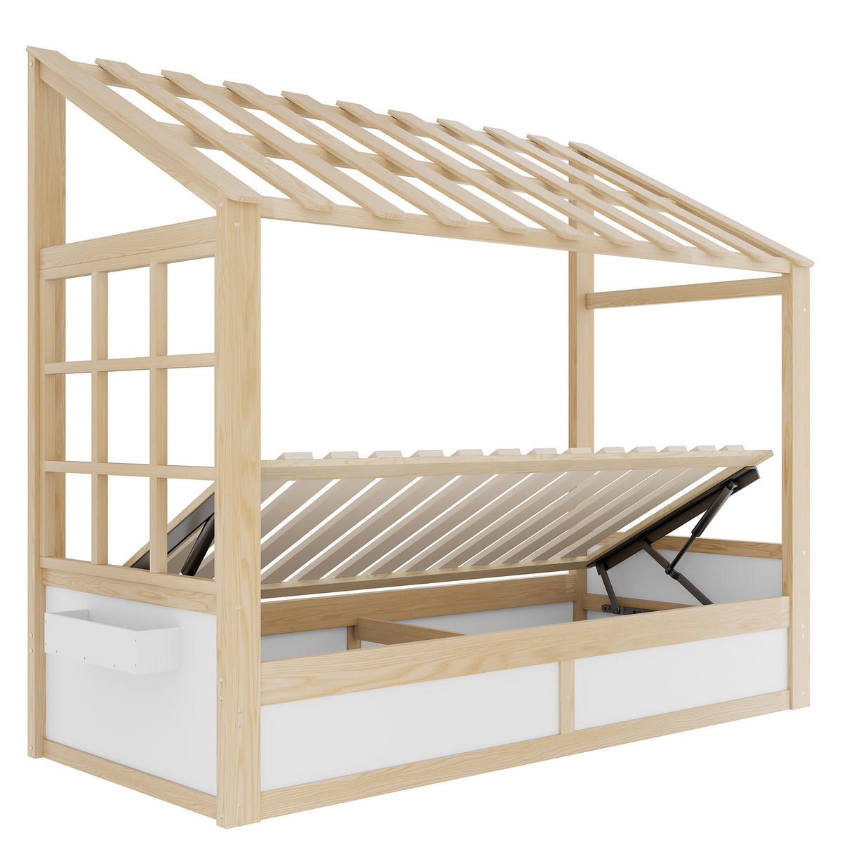 HAUSBETT 90/200 cm mit Dach und Stauraum, DE-41620, in Holzfarbe/Weiß - Naturfarben, Holzwerkstoff (90/200cm) - ComfortXL