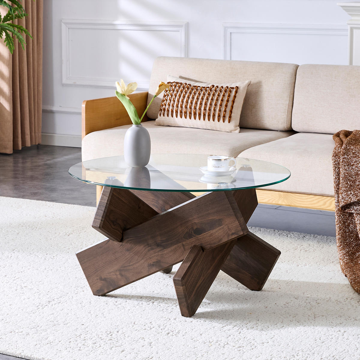 COUCHTISCH 79 cm Transparent aus MDF mit Walnussholz Korpus und Glasplatte - Klar, Holzwerkstoff (79/79/45cm) - OKWISH