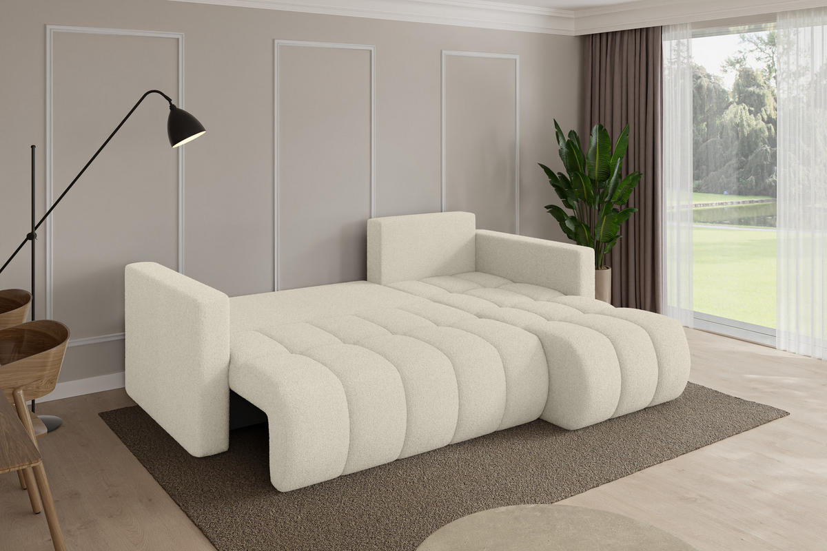 ROHOVÁ SEDAČKA s funkcí spaní, otoman vpravo GARD-L 226x146x85 béžová bouclé - černá/písková barva, kompozitní dřevo/textil (226/146cm) - ALTDECOR