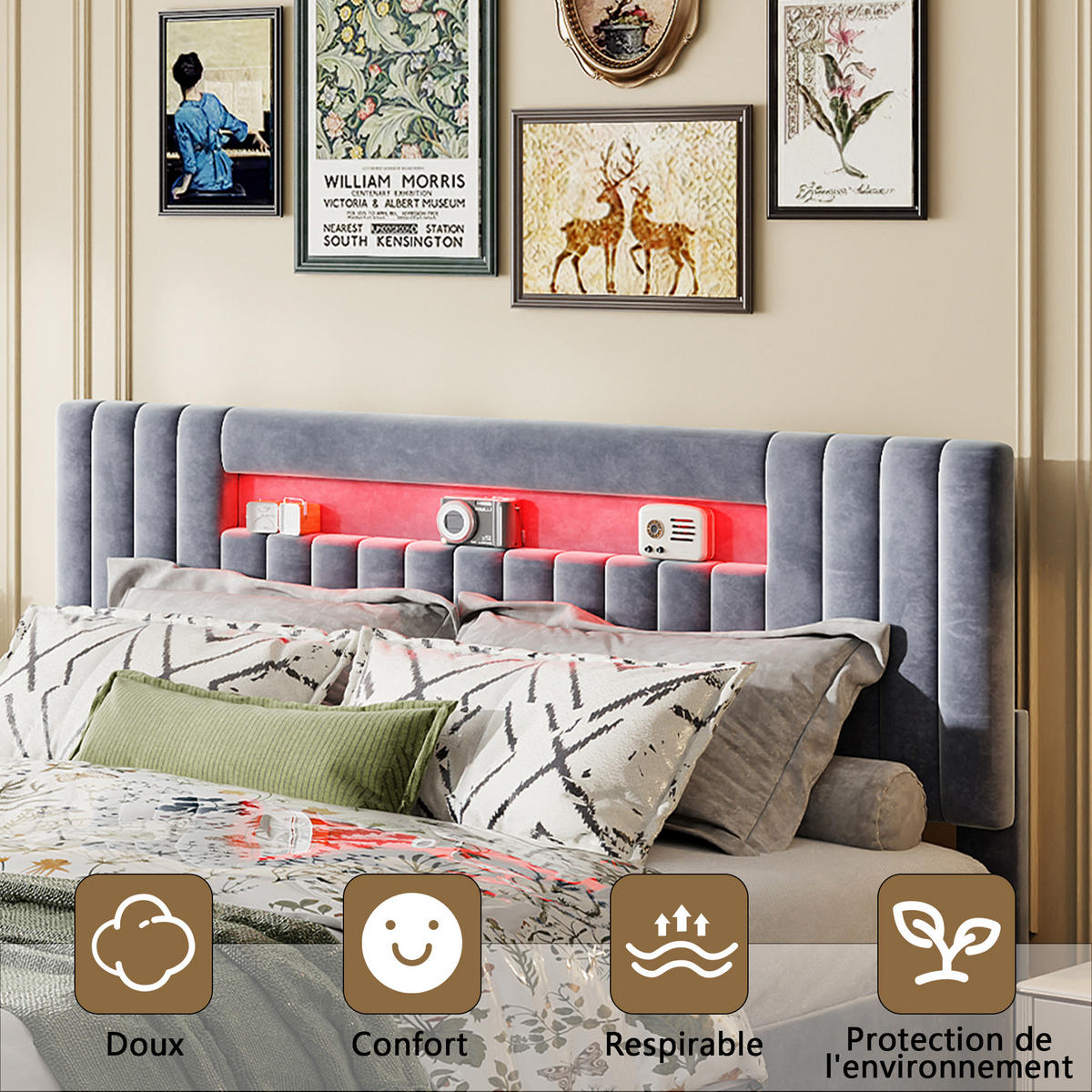 POLSTERBETT 160x200 cm, Grau, LED-Beleuchtung - Grau, Textil/Metall (160/200cm)