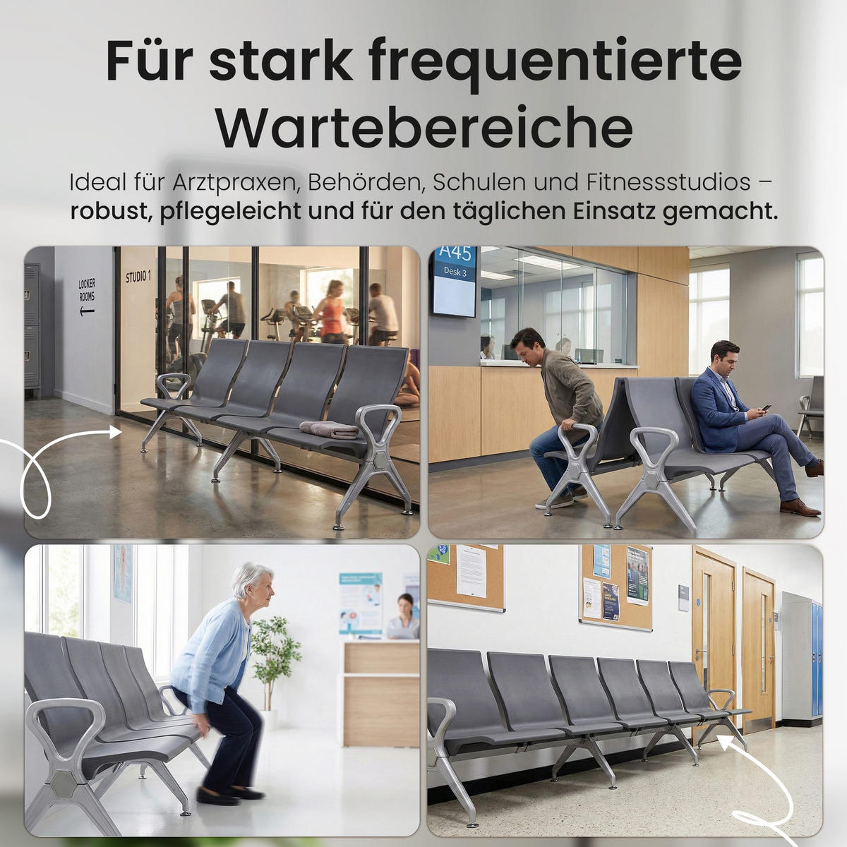 WARTEBANK Kunststoff Grau - Grau, Kunststoff/Metall (338/89/59cm) - CLP