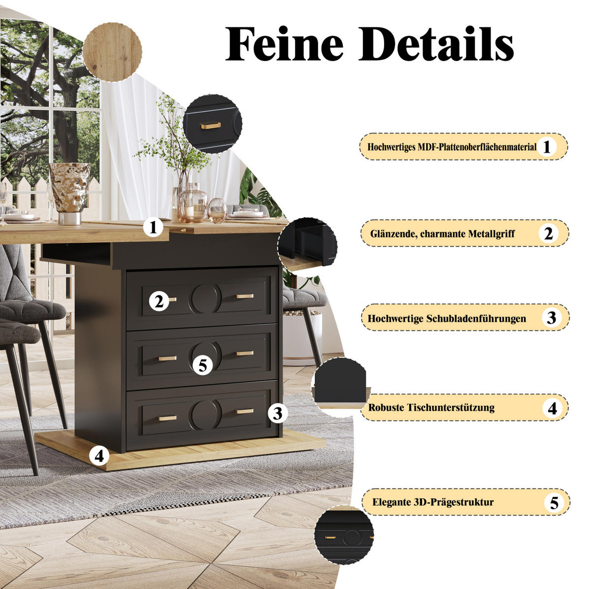 AUSZIEHTISCH 110/80/75 cm Natural Wood aus MDF mit Stauraum und Schubladen - Naturfarben, Holzwerkstoff (110/80/75cm) - OKWISH