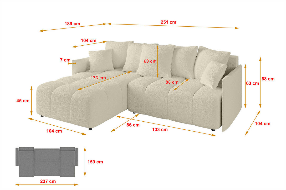 ECKSOFA Ottomane links LONLI-L 251x189x68 Creme Bouclé - Creme, Holzwerkstoff/Kunststoff (251/189cm) - ALTDECOR