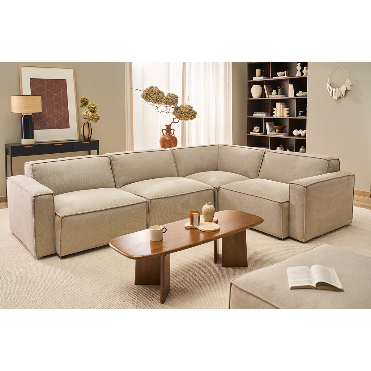 ECKMODUL Zentral Beige Samt-Effekt Textur SPLIT - Beige, Textil (101/70.5/101cm) - Miliboo