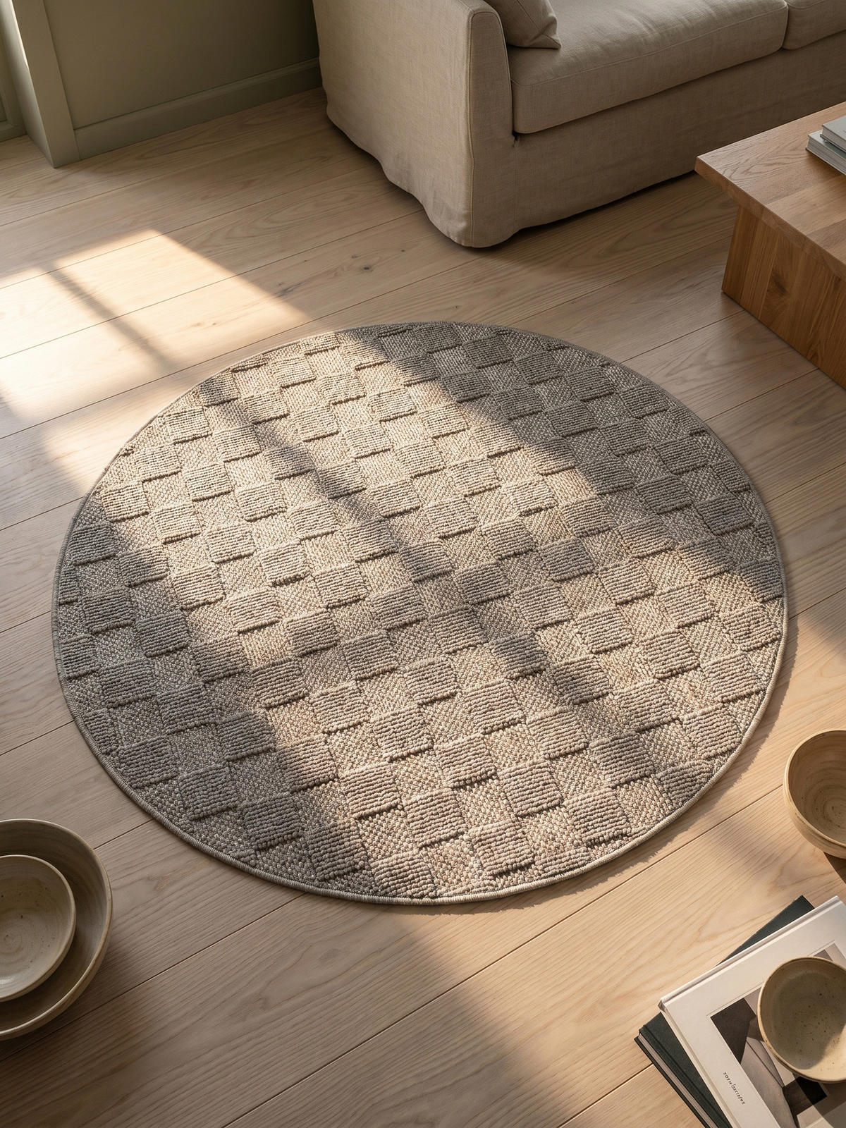 TEPPICH Flachgewebe LANGAU in Silber, mit Schachbrettmuster, Ø 120 cm - Silberfarben, Textil (120/120cm) - KADIMA DESIGN