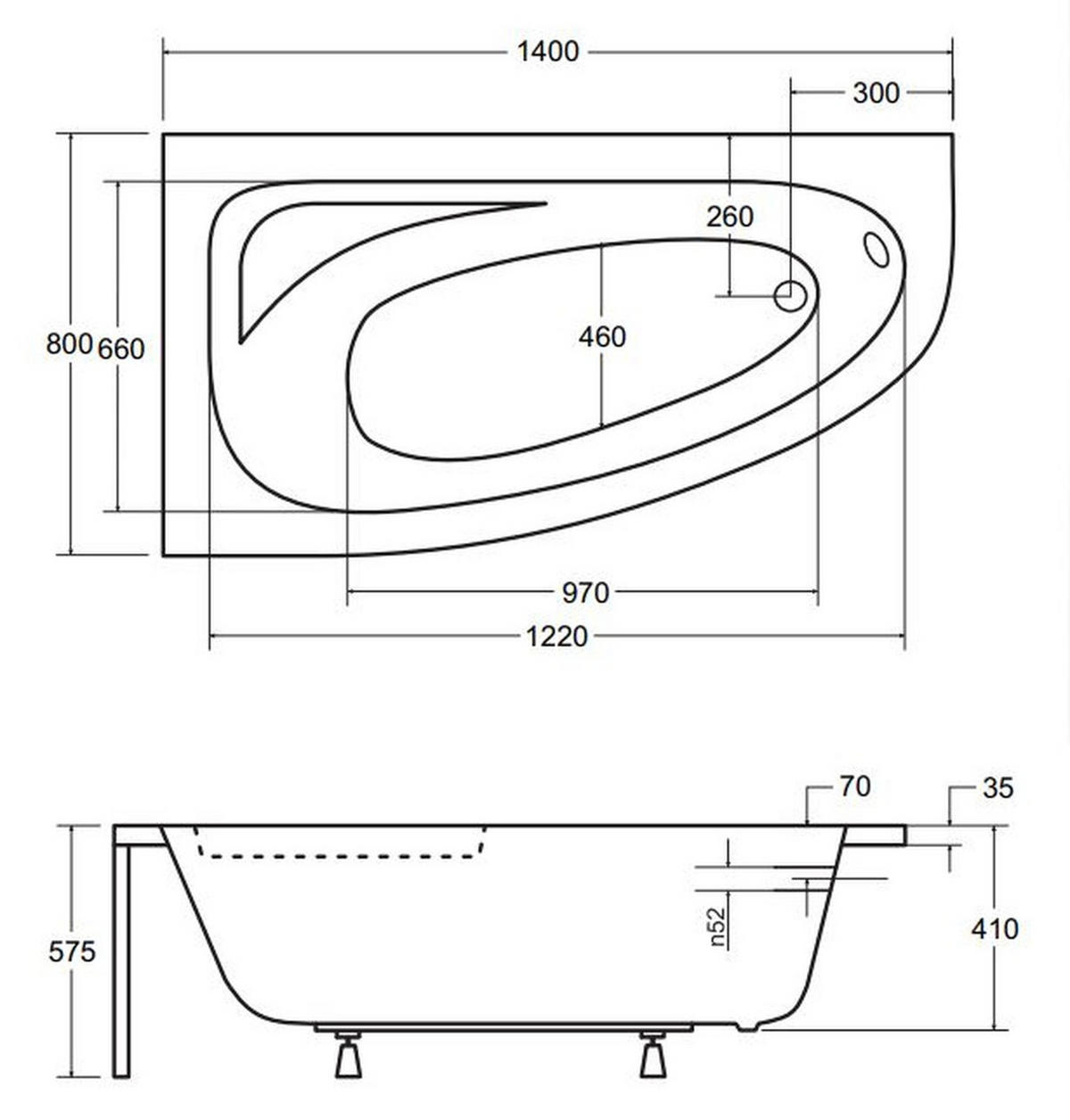 BADEWANNE Eckwanne CORNEA 140/80 Links mit Styro Ablauf Füße - Weiß, Kunststoff (80/57.5/140cm) - bad land