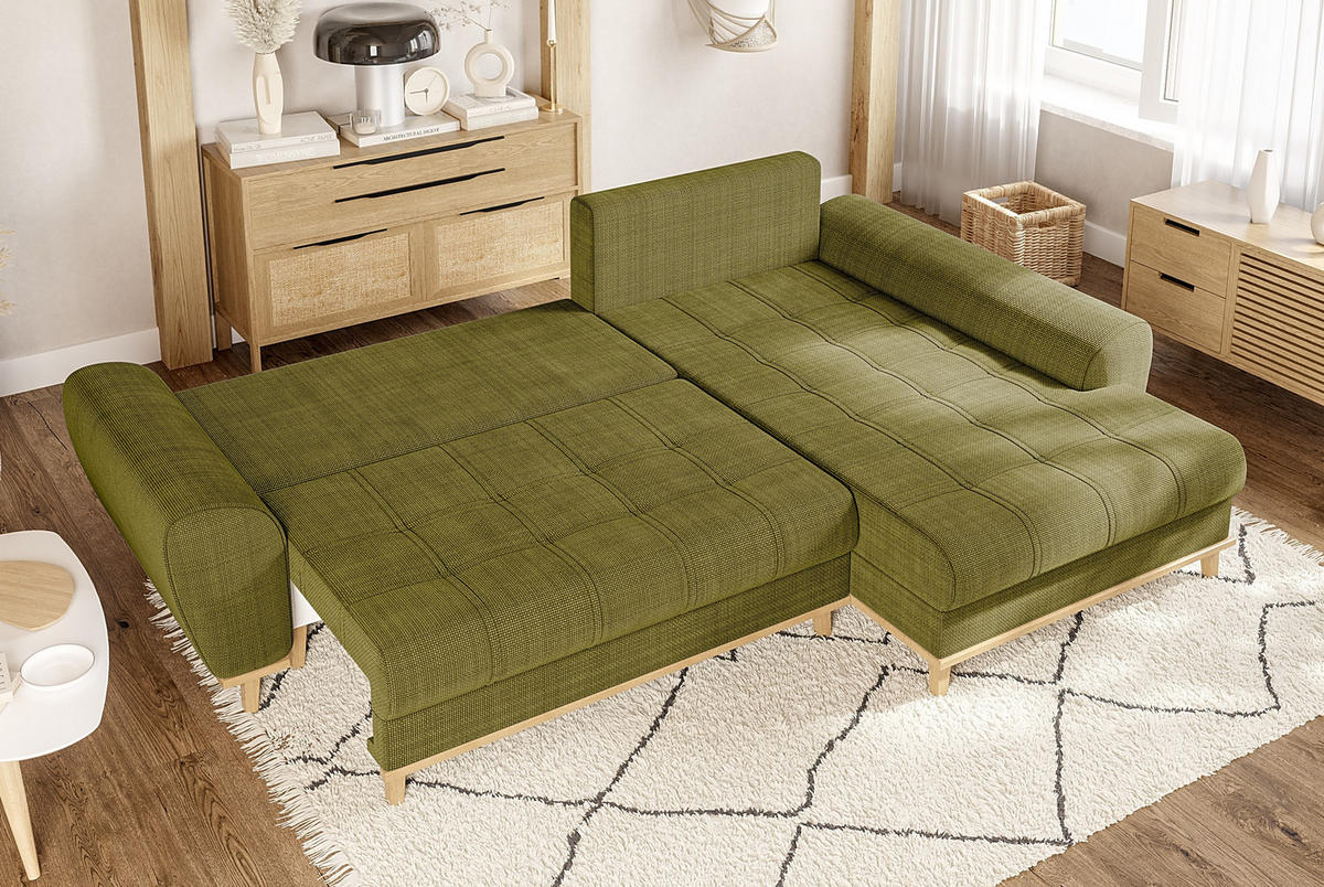 ECKSOFA im Scandi-Stil, Schlaffunktion, Bettkasten B268/T175/H86 cm, Ottomane rechts, Liegefl. 128x209 cm, Bouclé Chenille Stoff in Grün / 21015 - Eichefarben/Grün, Holz/Textil (268/175cm) - luma-home