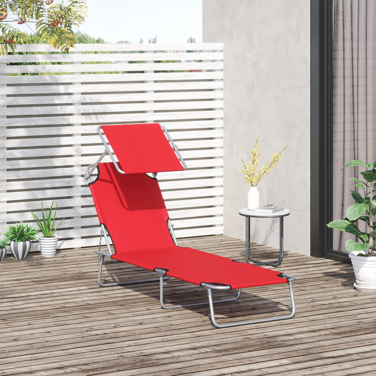 SONNENLIEGE Verstellbare Gartenliege mit abnehmbarem Sonnendach 4-fach verstellbarer Rückenlehne 187 x 58 x 36 cm ,Rot - Rot, Kunststoff (58/36/187cm) - Vallsero