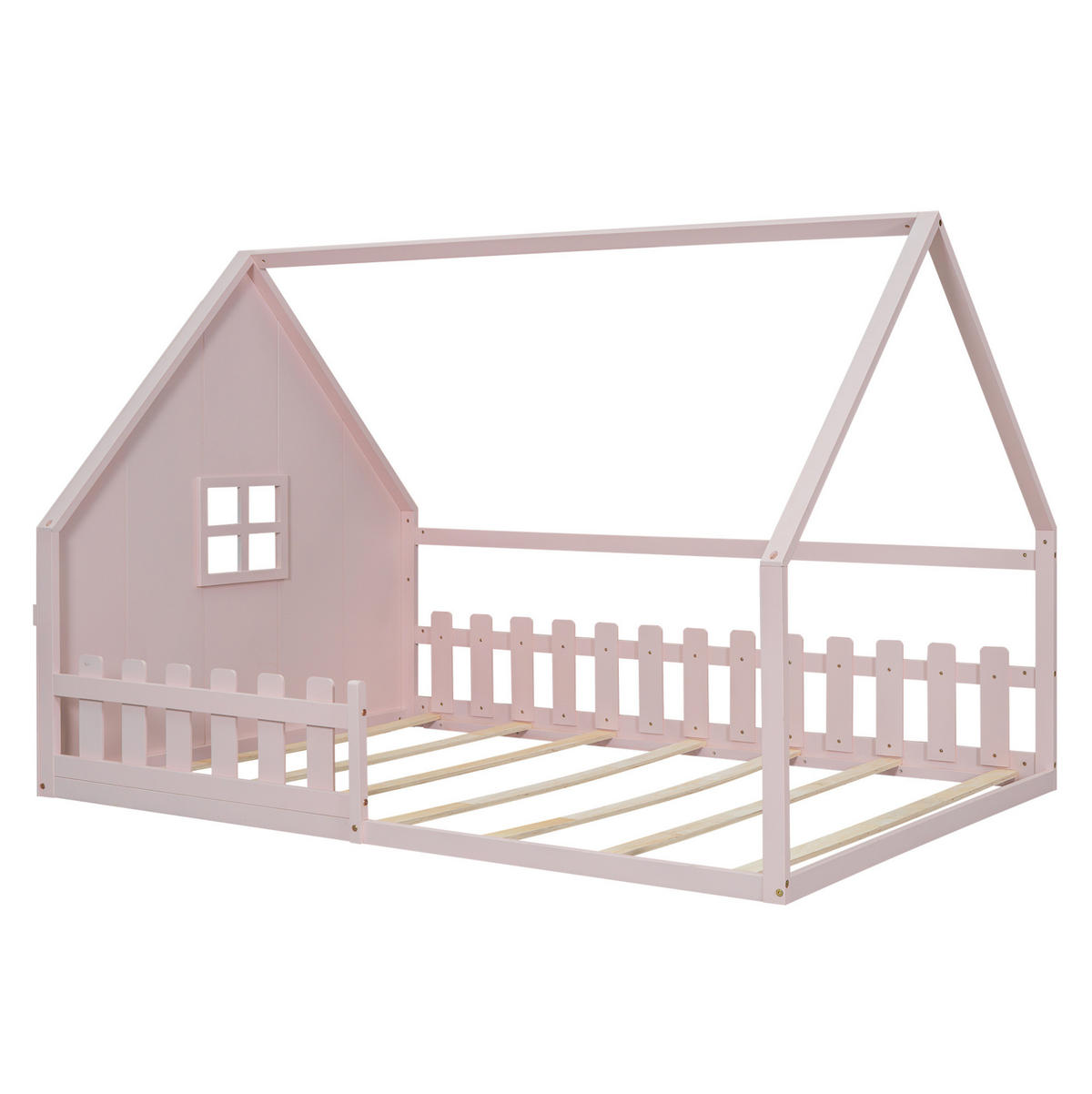 KINDERBETT 140/200 cm im Hausdesign mit Geländer aus Kiefer und MDF, Rosa - Rosa, Holzwerkstoff (140/200cm) - Redom