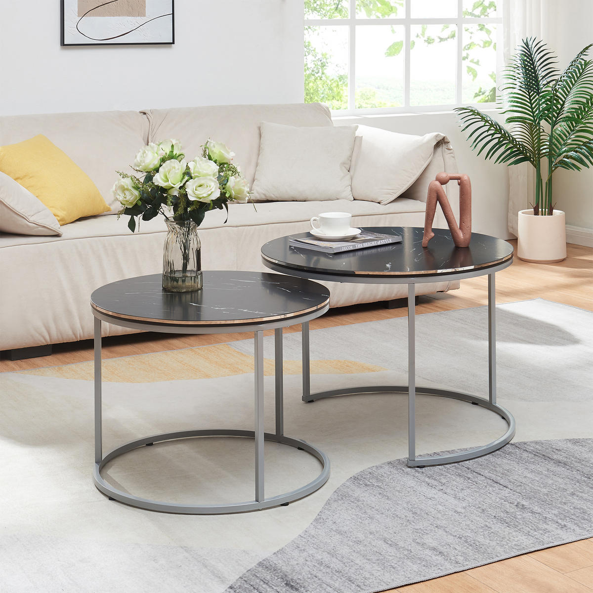 SADA KAVANOVÝCH STOLKŮ Skagen 2dílná 70/70/50 cm - černá/stříbrná, kompozitní dřevo (70/70/50cm) - [en.casa]