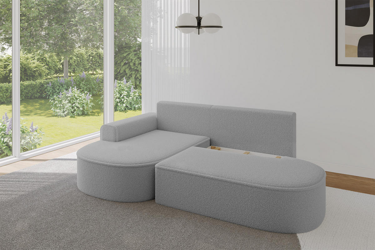 ECKSOFA mit Schlaffunktion und Bettkasten Ottomane Links MARI-L1-S - 283x167x85 cm Hellgrau Bouclé - Hellgrau/Schwarz, Holzwerkstoff/Kunststoff (283/167cm) - ALTDECOR