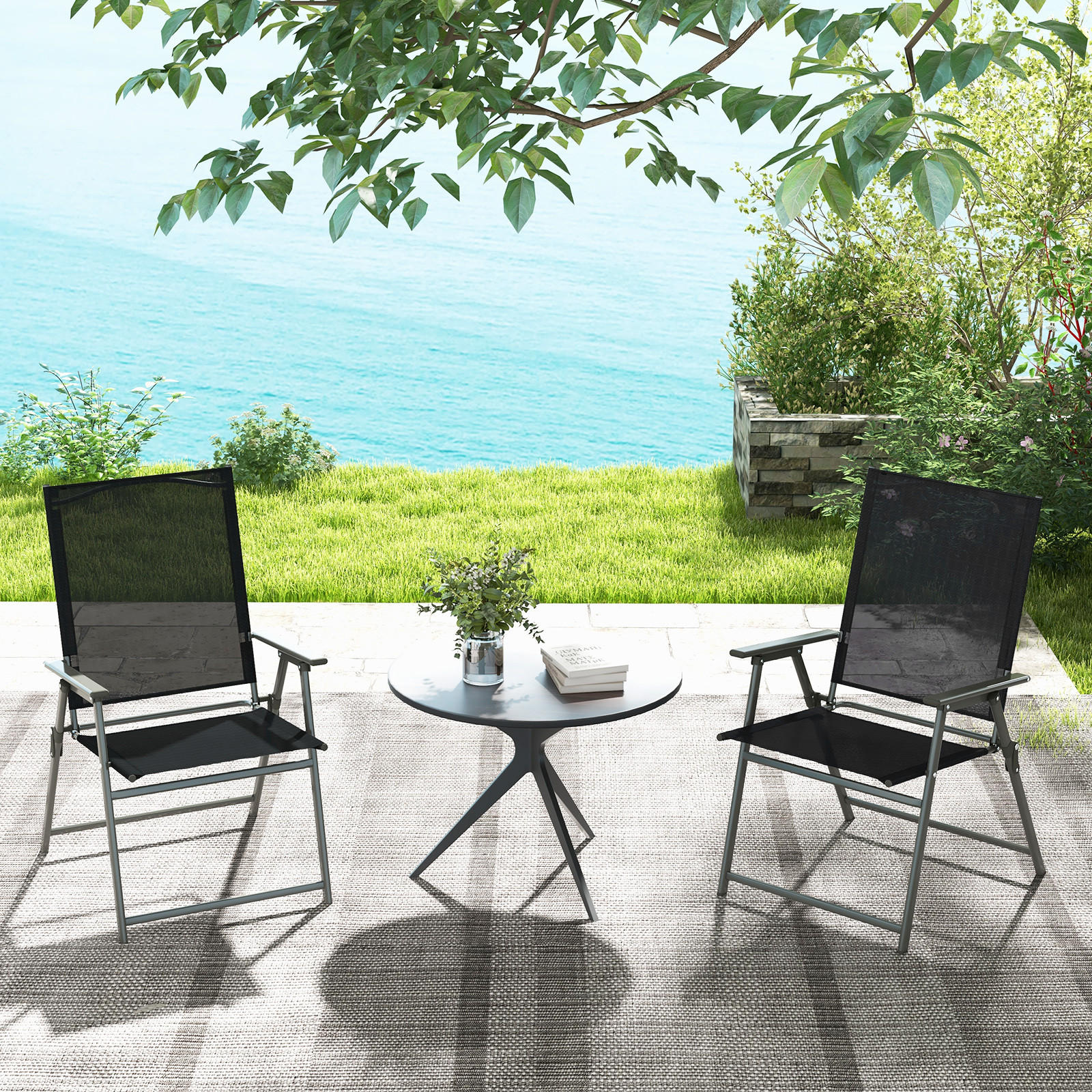 TERRASSENSTUHL Schwarz (2er-Set) - Schwarz, Metall (58/69/62cm) - COSTWAY