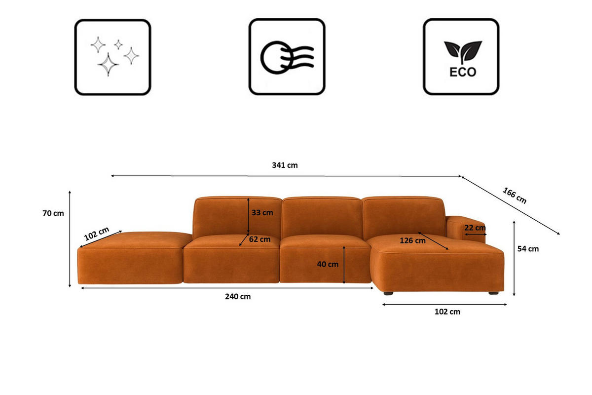 ECKSOFA Cursal L-Form, Stoff Salvador, Braun + Hocker, Rechts - Braun, Holz (341/166cm) - Kaiser Möbel