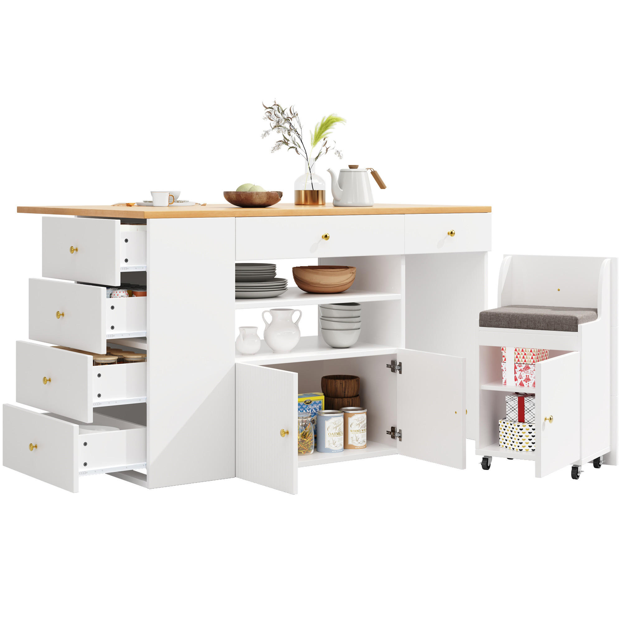 KUCHYNSKÝ ostrovček 140/40(70)/89 cm biely z MDF a kovu so 6 zásuvkami a taburetom - biela, kompozitné drevo (140/89/70cm) - OKWISH
