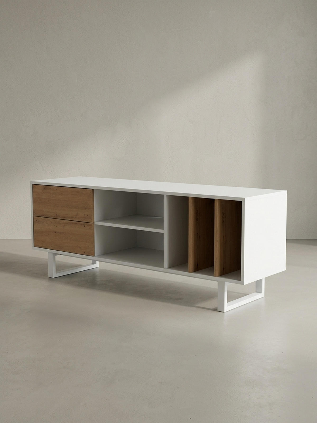 TV-LOWBOARD mit Eiche-Dekor, Schubladen und offenes Regal, modern, Weiß 150x40x55 cm - Weiß, Holzwerkstoff/Metall (150/55/40cm) - KADIMA DESIGN