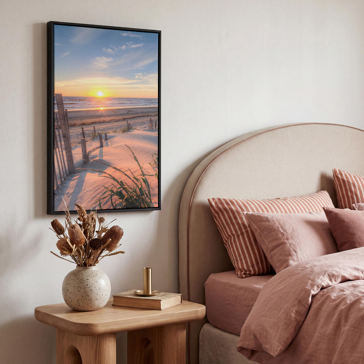 LEINWAND Bilder mit Rahmen - Strand - Meer - Düne - Sonnenuntergang - Landschaft - 40x60 - Beige, Textil (40/60cm) - MuchoWow