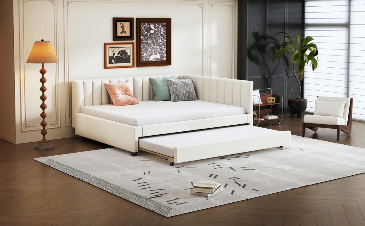POLSTERBETT 140/200 cm Beige aus Samtstoff mit Ausziehbett - Beige, Leder (140/200cm) - OKMYHOME