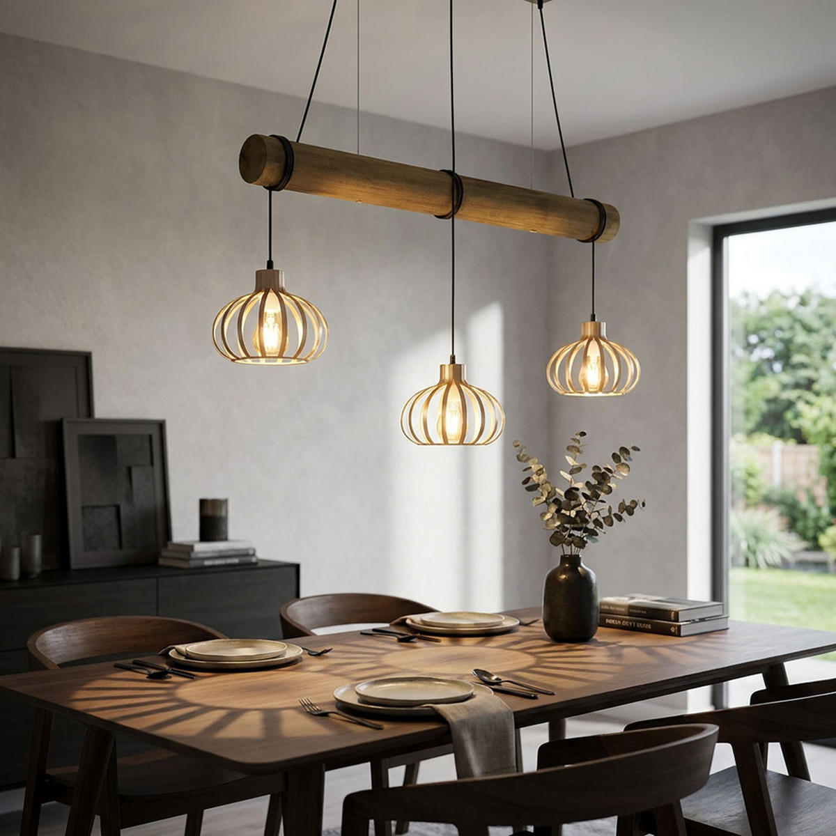 LED HÄNGELEUCHTE CALDWELL, Metall, Beige, 3-flammig - Beige, Holz (100/20/150cm) - Globo Lighting