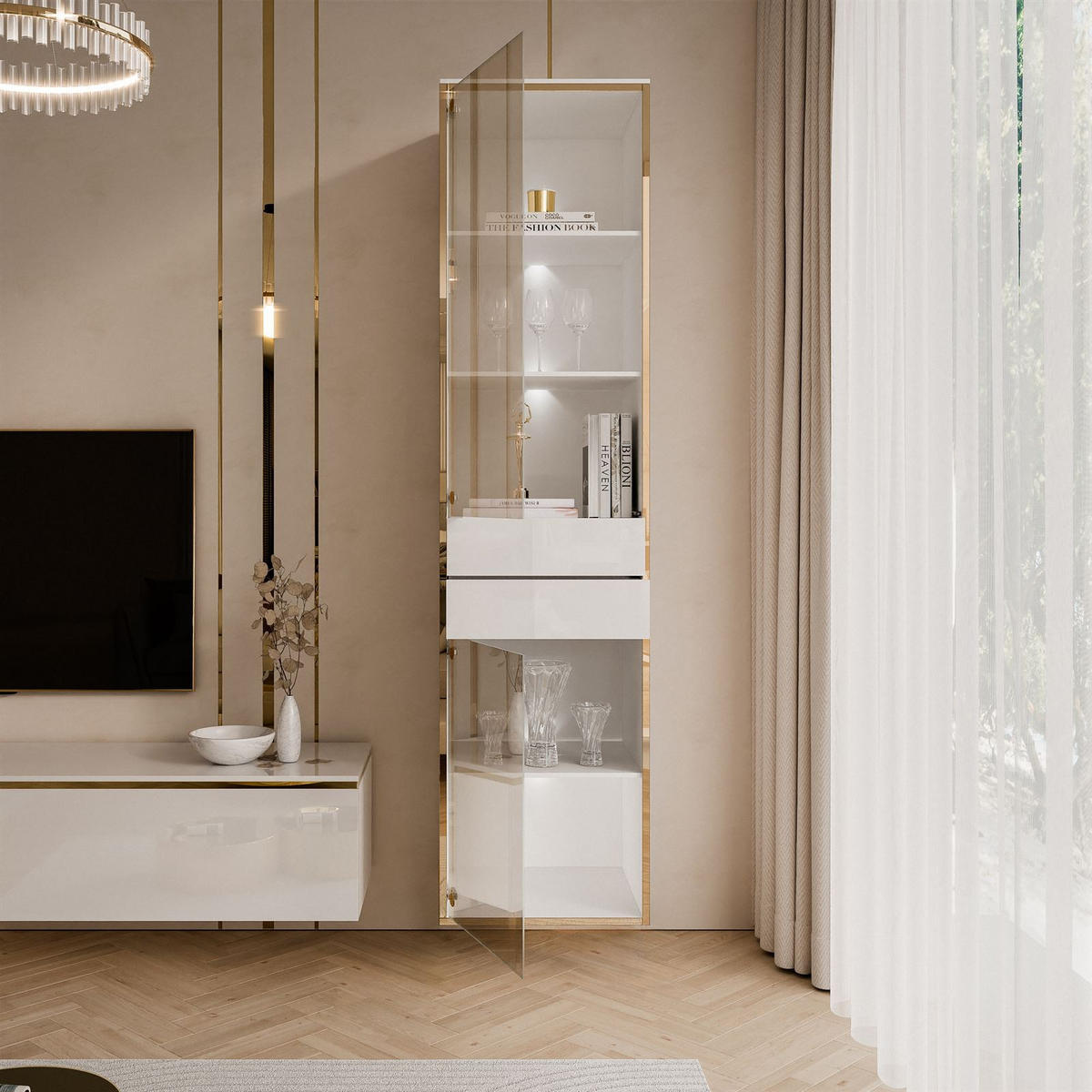 VITRINE HÄNGENDE AURORA in Weiß hochglanz mit LED-Beleuchtung - Weiß Hochglanz, Holzwerkstoff (45/181/40cm) - Lookway