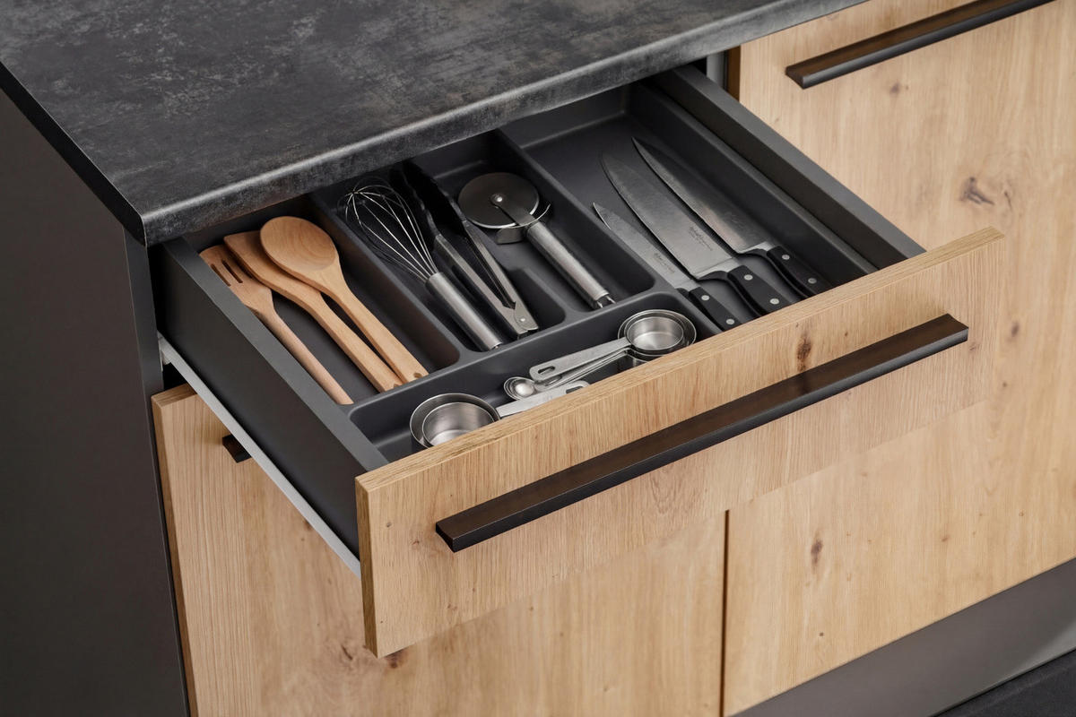 KÜCHENZEILE Eiche Artisan, Grau 7-teilig 220 x 210 cm, Küchenschrank Set mit viel Stauraum - Anthrazit/Eiche Artisan, Holzwerkstoff (220/210/60cm) - Inn.Furn